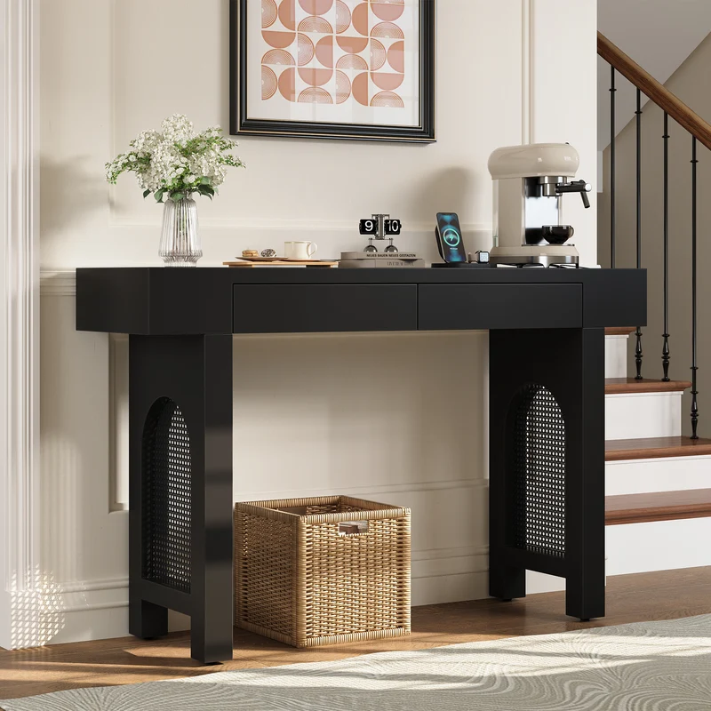 Console noire pieds en rotin 2 tiroirs et avec prises & USB MOMENTUMQUAZ