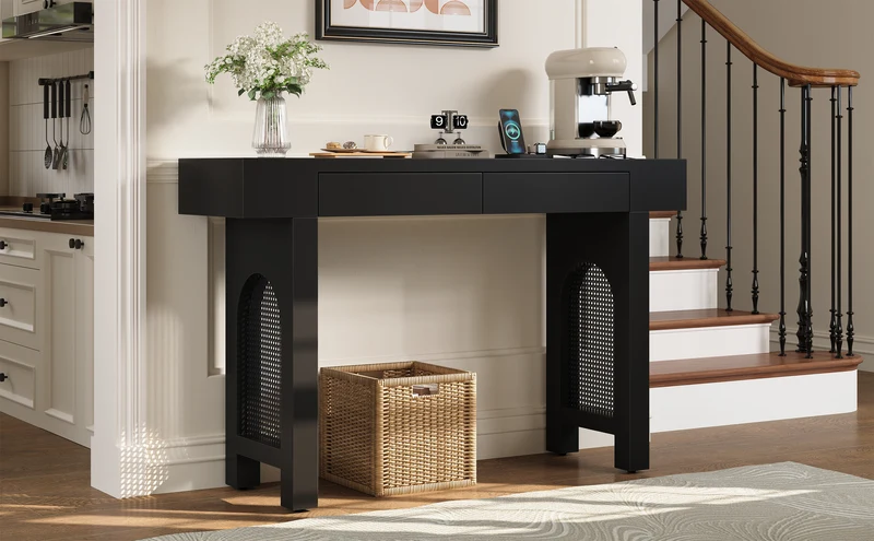 Console noire pieds en rotin 2 tiroirs et avec prises & USB MOMENTUMQUAZ