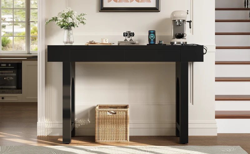 Console noire pieds en rotin 2 tiroirs et avec prises & USB MOMENTUMQUAZ