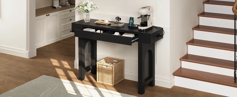 Console noire pieds en rotin 2 tiroirs et avec prises & USB MOMENTUMQUAZ