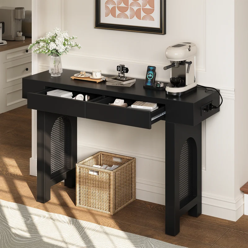 Console noire pieds en rotin 2 tiroirs et avec prises & USB MOMENTUMQUAZ