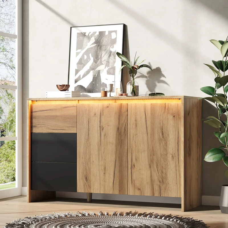 Buffet effet bois et noir 3 tiroirs, 2 portes avec éclairage LED 120x76x40cm ALUMINUMLAMP