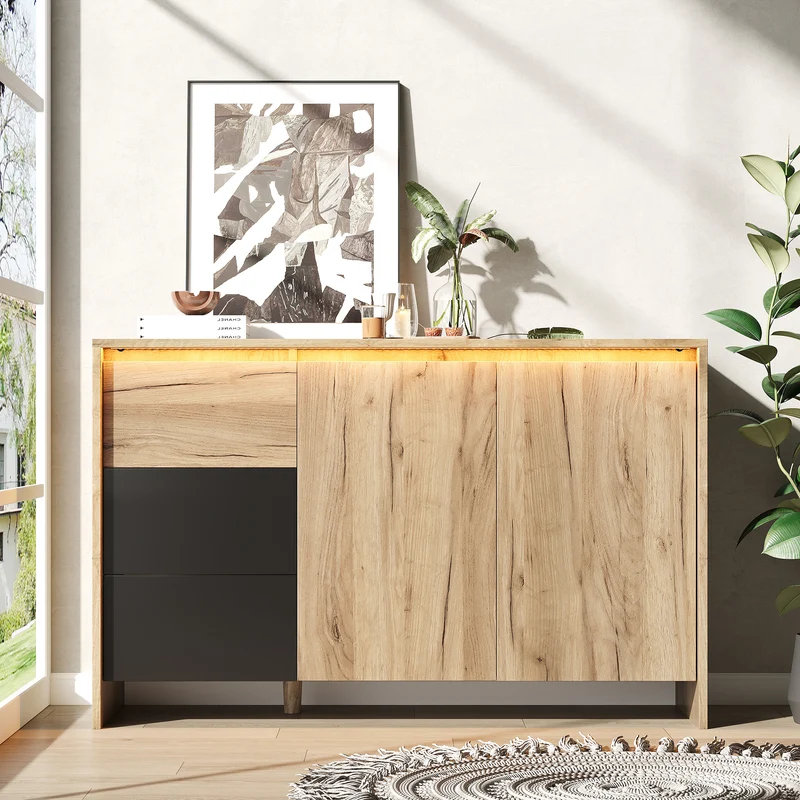 Buffet effet bois et noir 3 tiroirs, 2 portes avec éclairage LED 120x76x40cm ALUMINUMLAMP