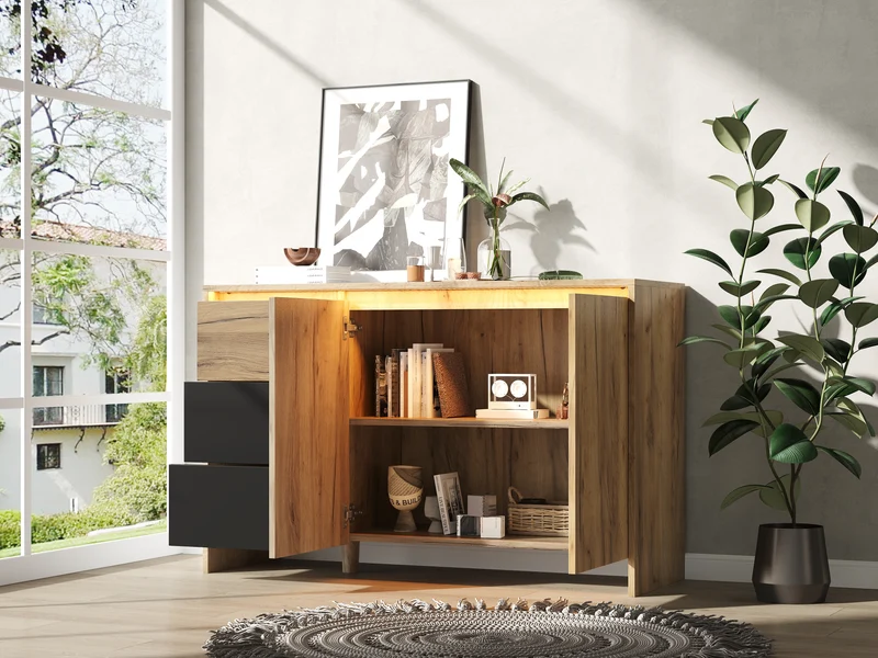 Buffet effet bois et noir 3 tiroirs, 2 portes avec éclairage LED 120x76x40cm ALUMINUMLAMP