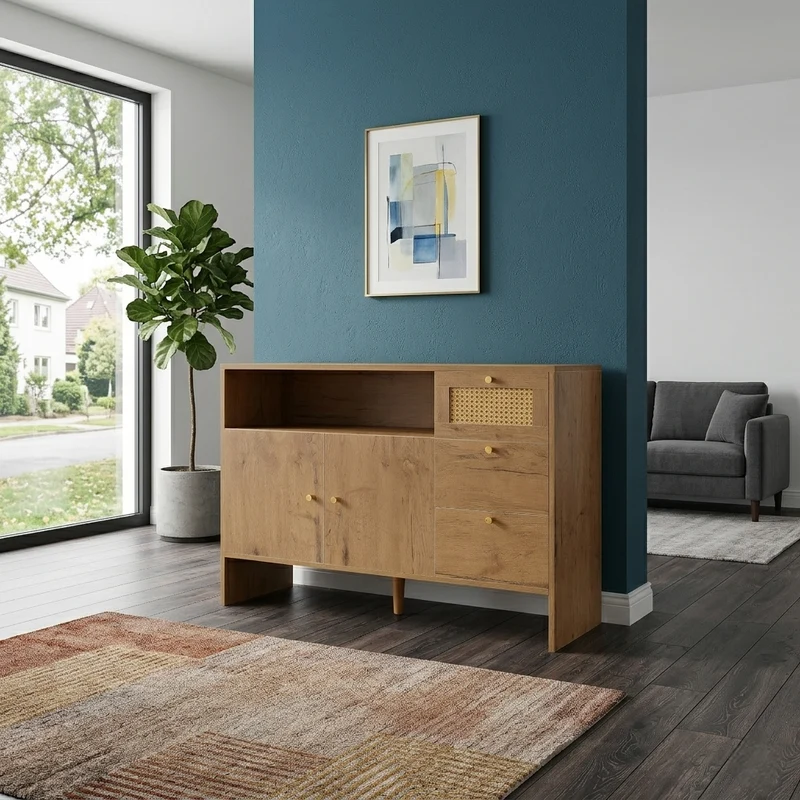 Buffet effet bois naturel avec rotin, portes, tiroirs et poignées dorées 105x40x76cm ALUMINUMPANEL