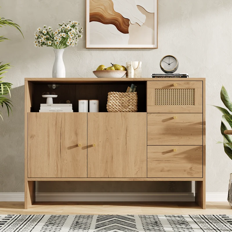 Buffet effet bois naturel avec rotin, portes, tiroirs et poignées dorées 105x40x76cm ALUMINUMPANEL
