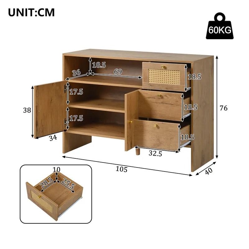 Buffet effet bois naturel avec rotin, portes, tiroirs et poignées dorées 105x40x76cm ALUMINUMPANEL