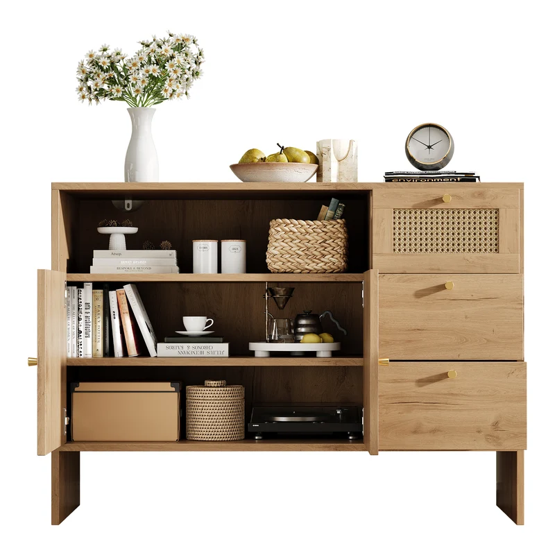 Buffet effet bois naturel avec rotin, portes, tiroirs et poignées dorées 105x40x76cm ALUMINUMPANEL