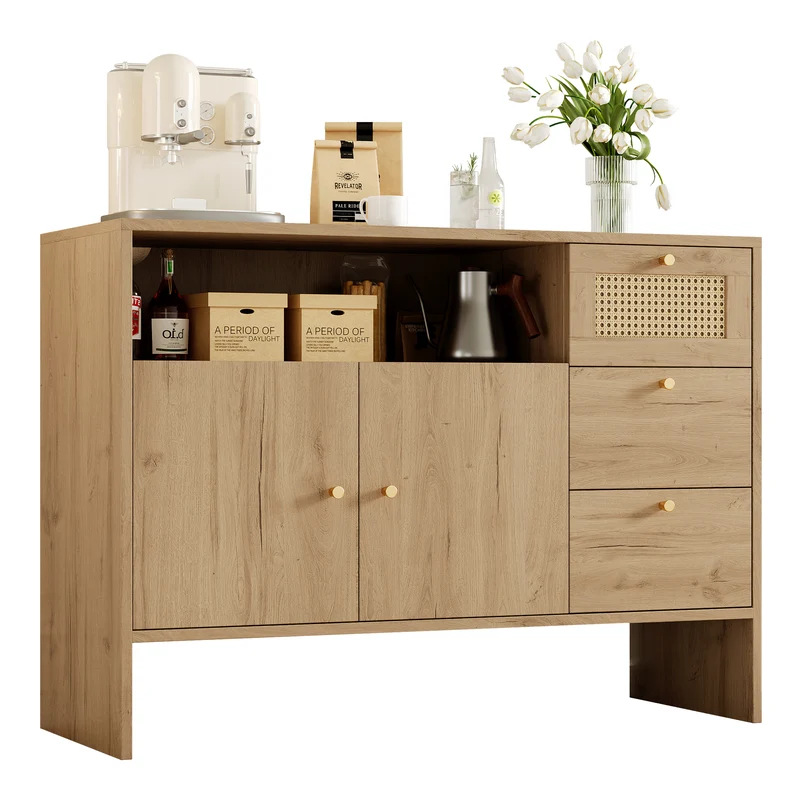 Buffet effet bois naturel avec rotin, portes, tiroirs et poignées dorées 105x40x76cm ALUMINUMPANEL