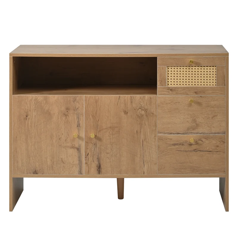 Buffet effet bois naturel avec rotin, portes, tiroirs et poignées dorées 105x40x76cm ALUMINUMPANEL
