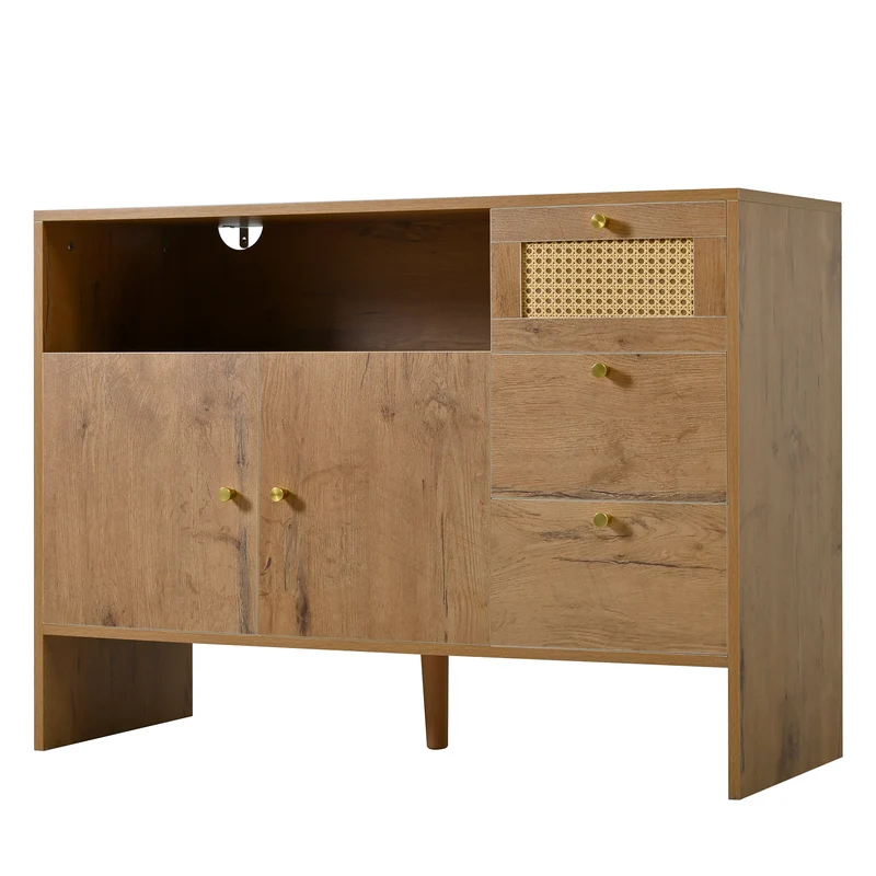 Buffet effet bois naturel avec rotin, portes, tiroirs et poignées dorées 105x40x76cm ALUMINUMPANEL
