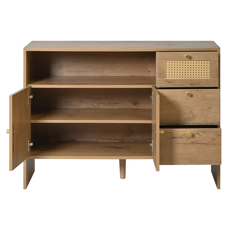 Buffet effet bois naturel avec rotin, portes, tiroirs et poignées dorées 105x40x76cm ALUMINUMPANEL