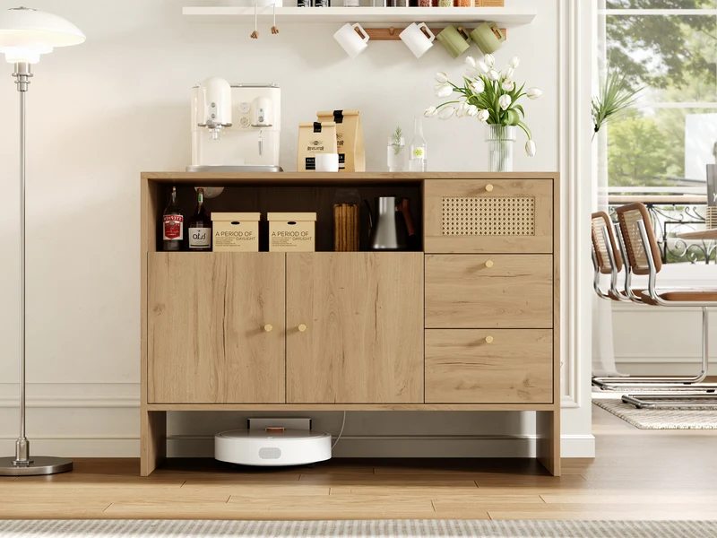 Buffet effet bois naturel avec rotin, portes, tiroirs et poignées dorées 105x40x76cm ALUMINUMPANEL