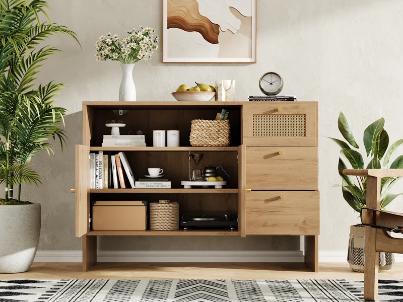 Buffet effet bois naturel avec rotin, portes, tiroirs et poignées dorées 105x40x76cm ALUMINUMPANEL