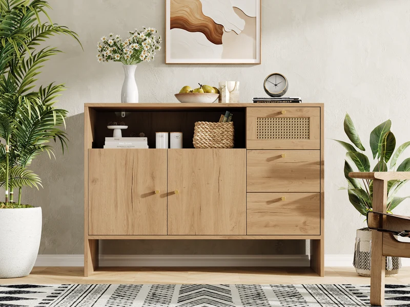 Buffet effet bois naturel avec rotin, portes, tiroirs et poignées dorées 105x40x76cm ALUMINUMPANEL