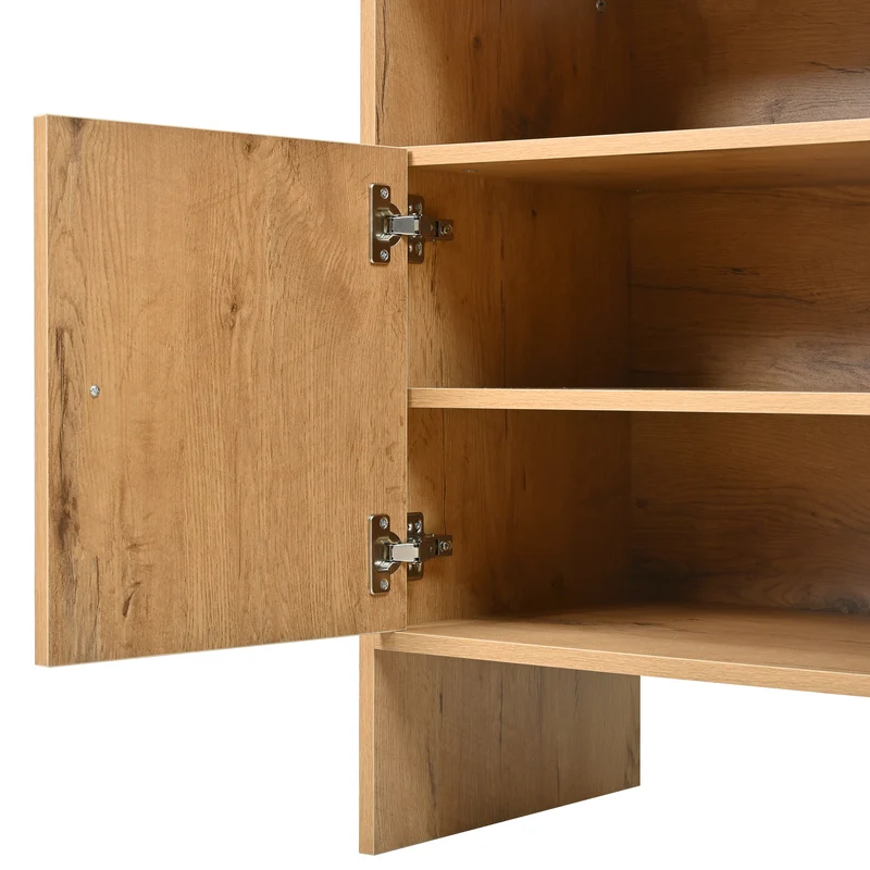 Buffet effet bois naturel avec rotin, portes, tiroirs et poignées dorées 105x40x76cm ALUMINUMPANEL