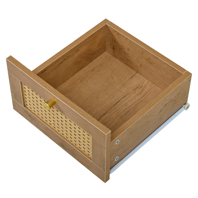 Buffet effet bois naturel avec rotin, portes, tiroirs et poignées dorées 105x40x76cm ALUMINUMPANEL