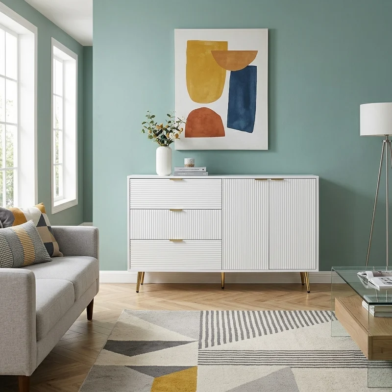 Buffet blanc élegant design ondulé détails dorés 120x38x80,5 cm ADJUSTBED