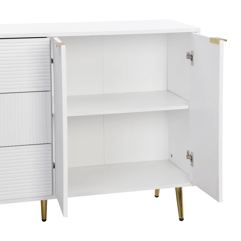 Buffet blanc élegant design ondulé détails dorés 120x38x80,5 cm ADJUSTBED