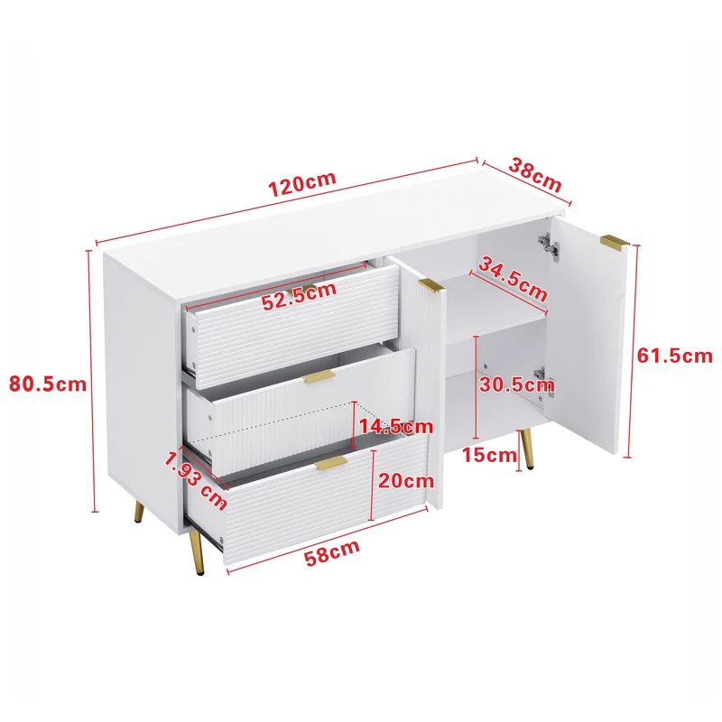 Buffet blanc élegant design ondulé détails dorés 120x38x80,5 cm ADJUSTBED