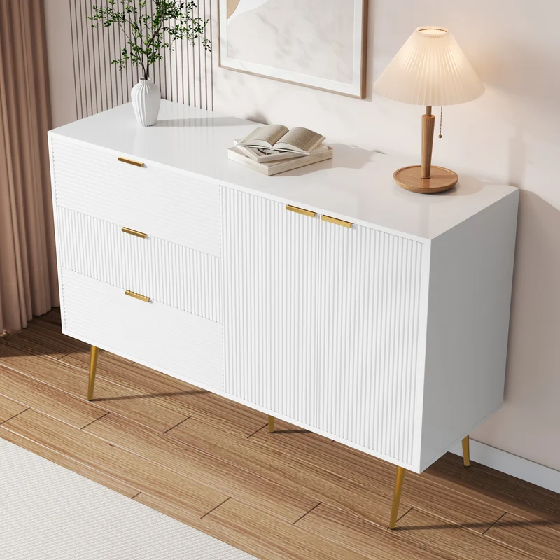 Buffet blanc élegant design ondulé détails dorés 120x38x80,5 cm ADJUSTBED