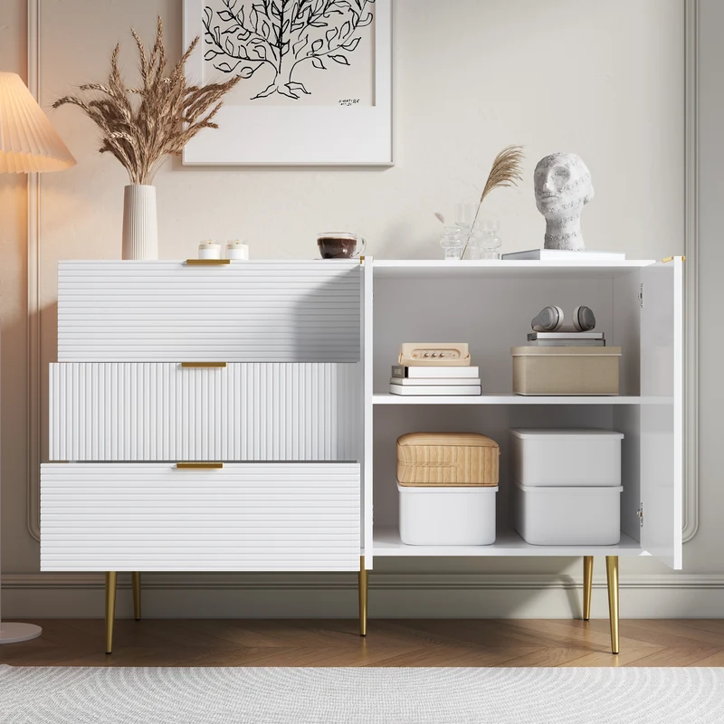 Buffet blanc élegant design ondulé détails dorés 120x38x80,5 cm ADJUSTBED