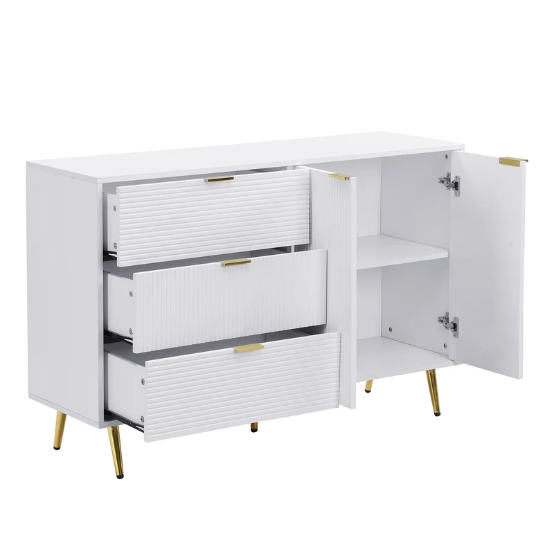 Buffet blanc élegant design ondulé détails dorés 120x38x80,5 cm ADJUSTBED