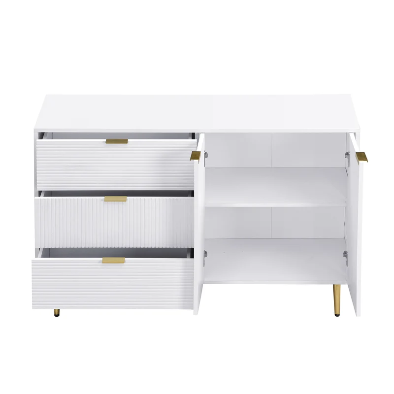 Buffet blanc élegant design ondulé détails dorés 120x38x80,5 cm ADJUSTBED