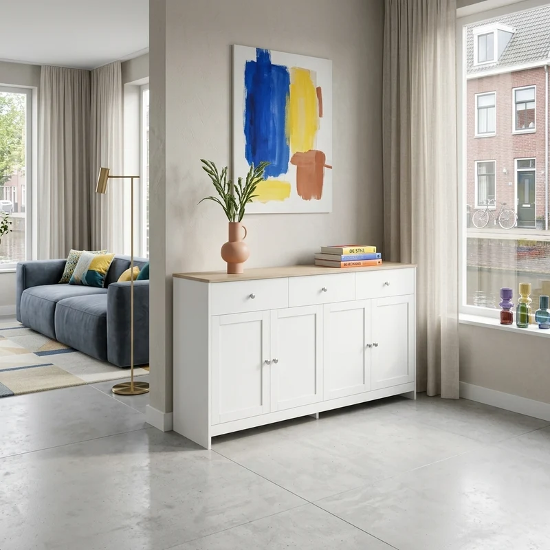 Buffet blanc effet bois 4 portes 3 tiroirs style campagne ADJUSTMARBLEONE
