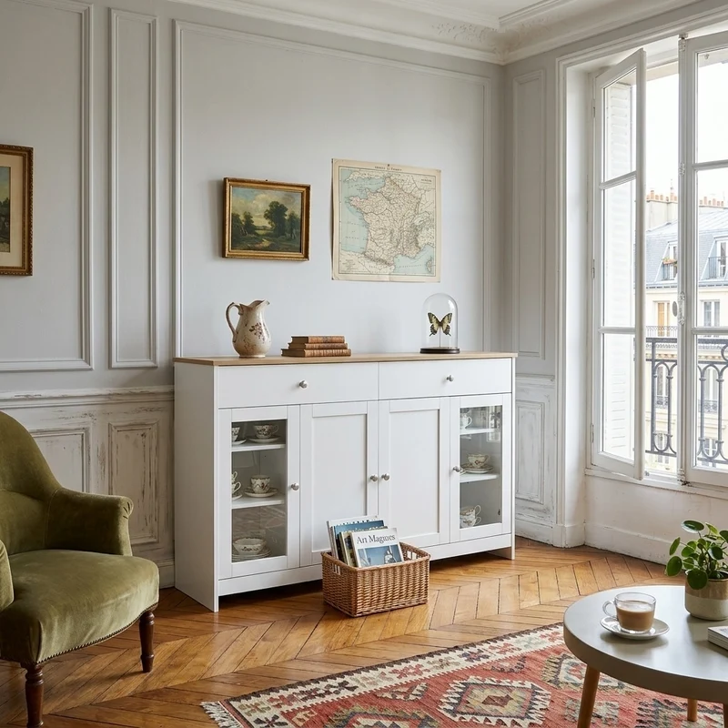 Buffet blanc effet bois clair 4 portes 2 tiroirs 120x37x80cm ADJUSTOAKELITE