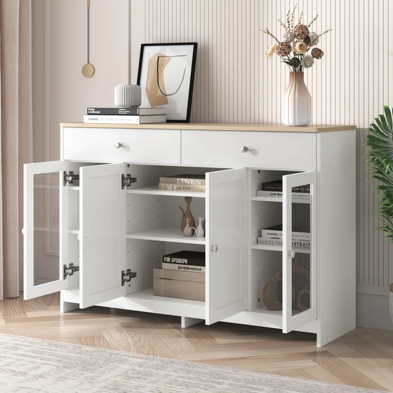 Buffet blanc effet bois clair 4 portes 2 tiroirs 120x37x80cm ADJUSTOAKELITE