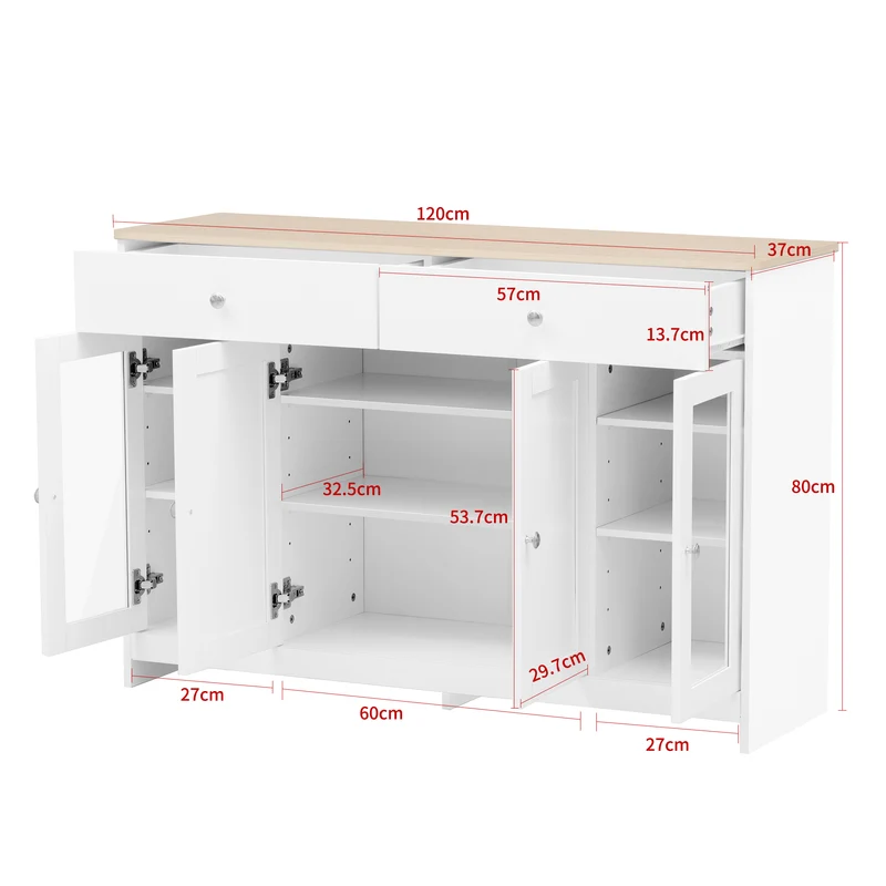 Buffet blanc effet bois clair 4 portes 2 tiroirs 120x37x80cm ADJUSTOAKELITE