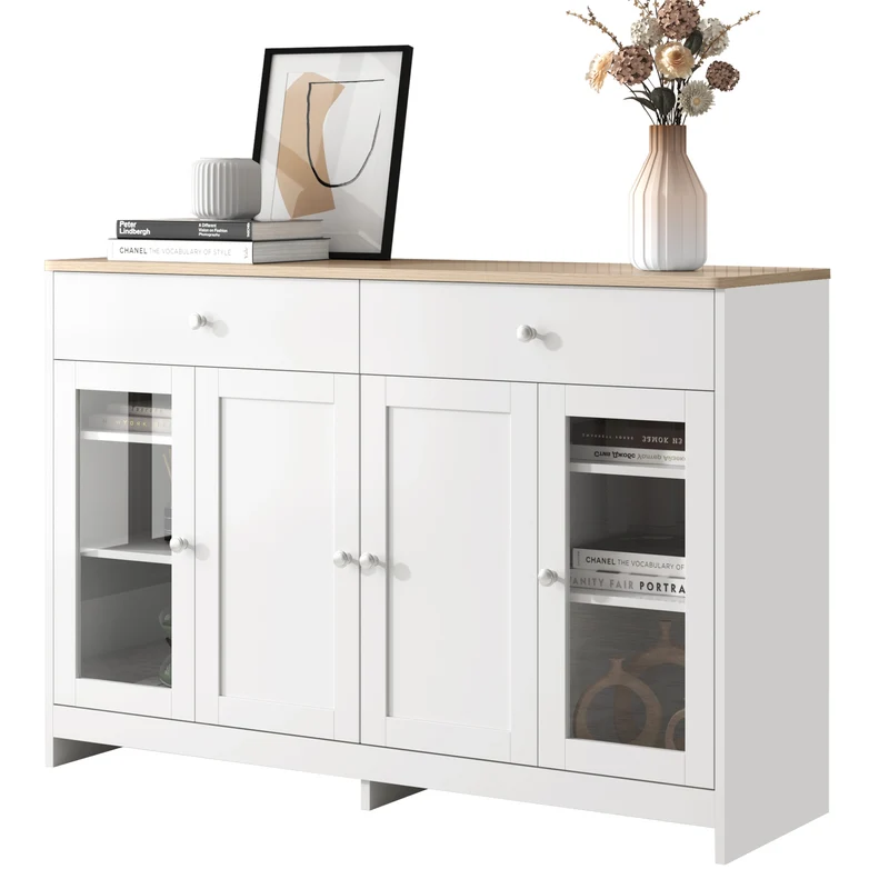 Buffet blanc effet bois clair 4 portes 2 tiroirs 120x37x80cm ADJUSTOAKELITE