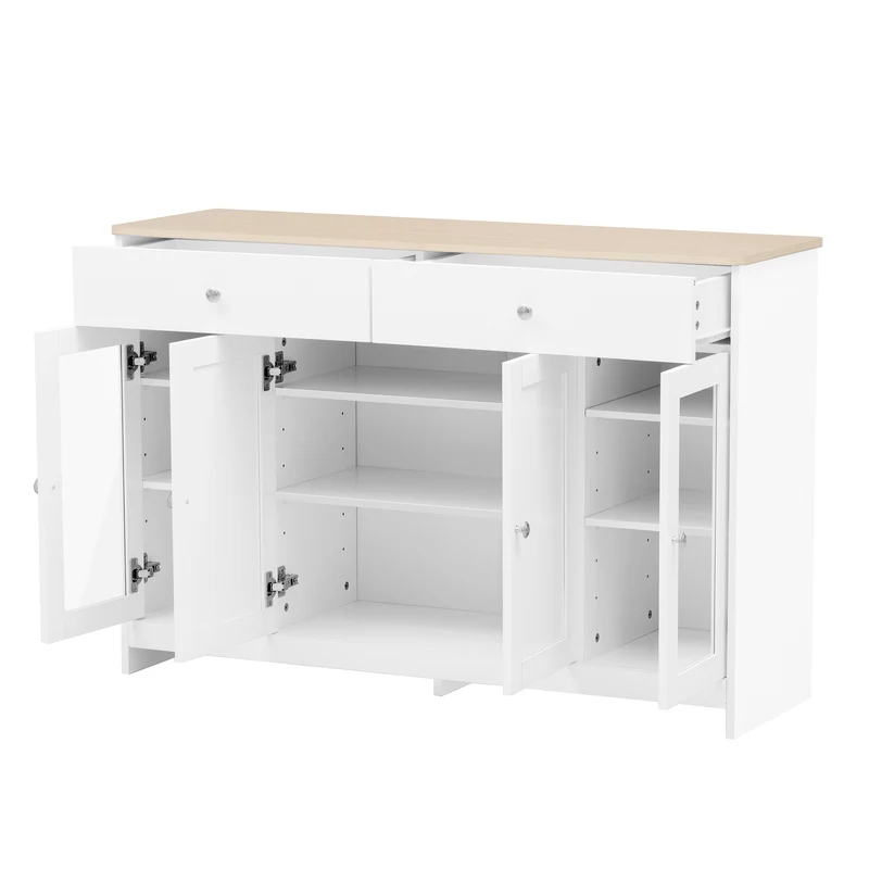 Buffet blanc effet bois clair 4 portes 2 tiroirs 120x37x80cm ADJUSTOAKELITE