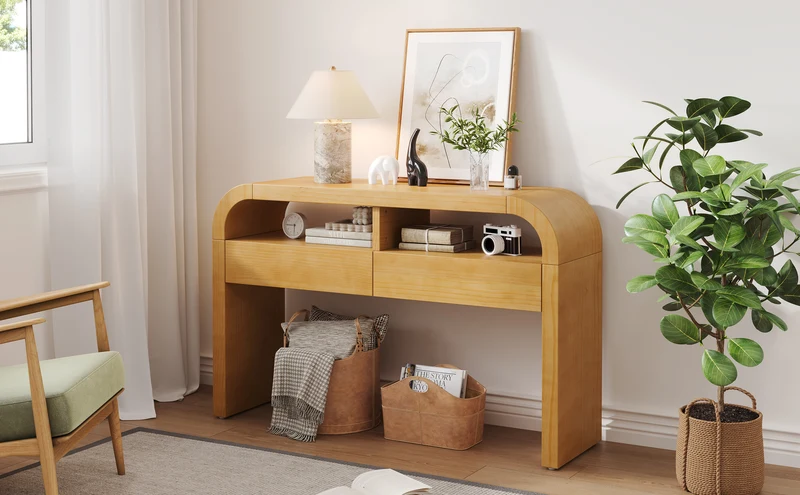 Console effet bois au design courbé et épuré avec 2 tiroirs 120x35,5cm CASCADEINFINIXX