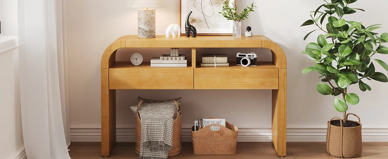 Console effet bois au design courbé et épuré avec 2 tiroirs 120x35,5cm CASCADEINFINIXX