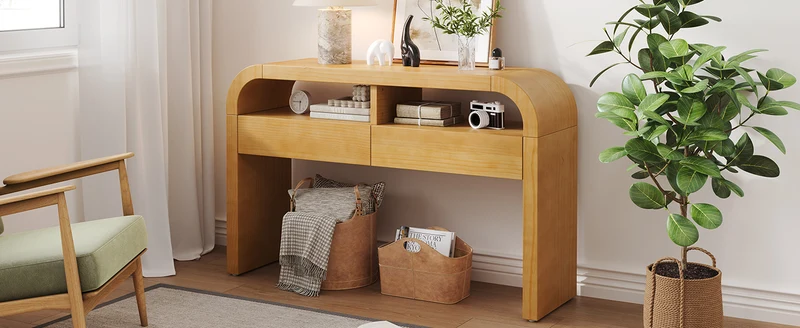 Console effet bois au design courbé et épuré avec 2 tiroirs 120x35,5cm CASCADEINFINIXX