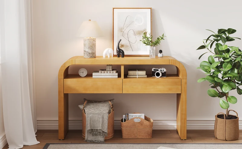 Console effet bois au design courbé et épuré avec 2 tiroirs 120x35,5cm CASCADEINFINIXX
