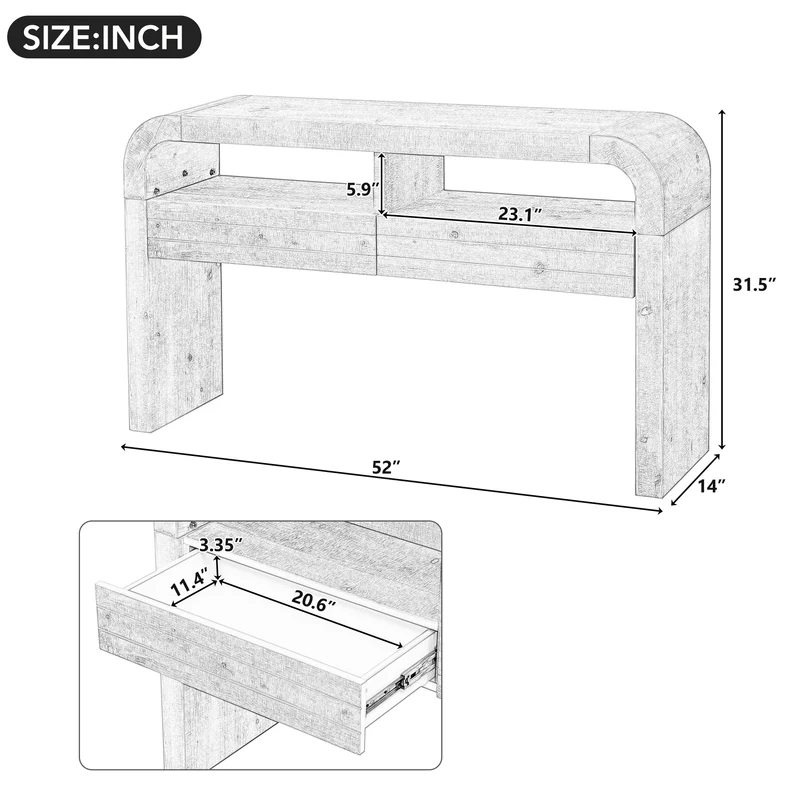 Console effet bois au design courbé et épuré avec 2 tiroirs 120x35,5cm CASCADEINFINIXX