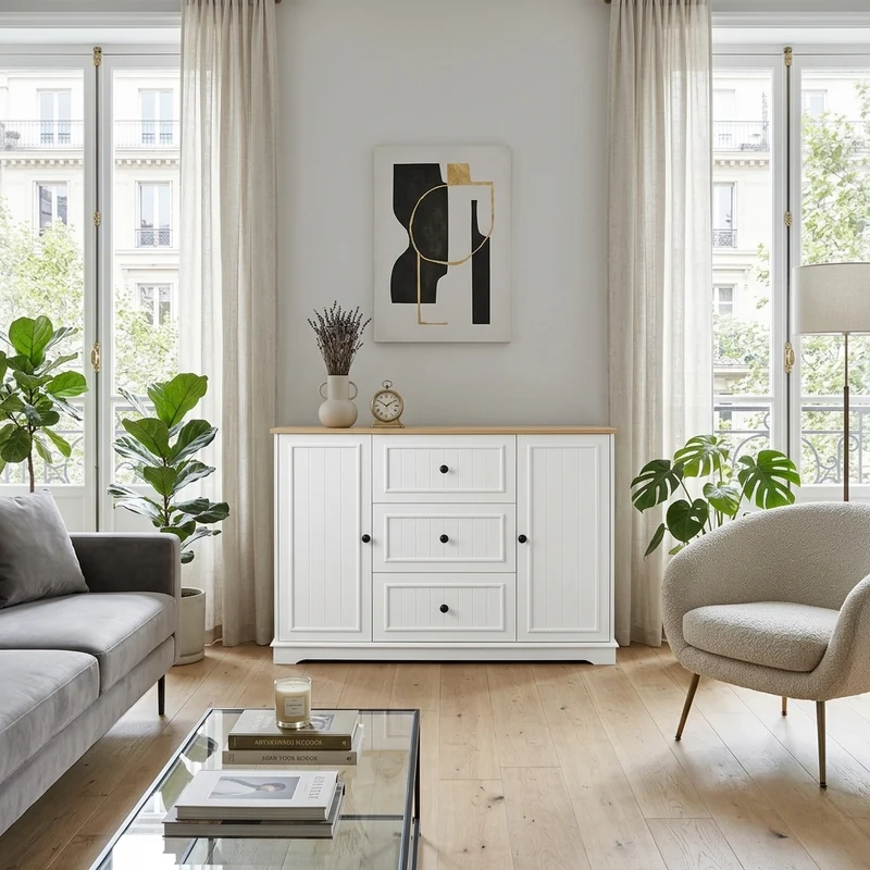 Buffet charme blanc 3 tiroirs et 2 portes 126x40x86 cm CASCADEMERIDIA
