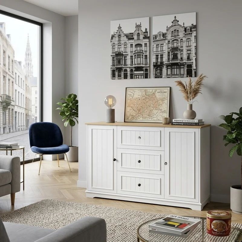 Buffet charme blanc 3 tiroirs et 2 portes 126x40x86 cm CASCADEMERIDIA