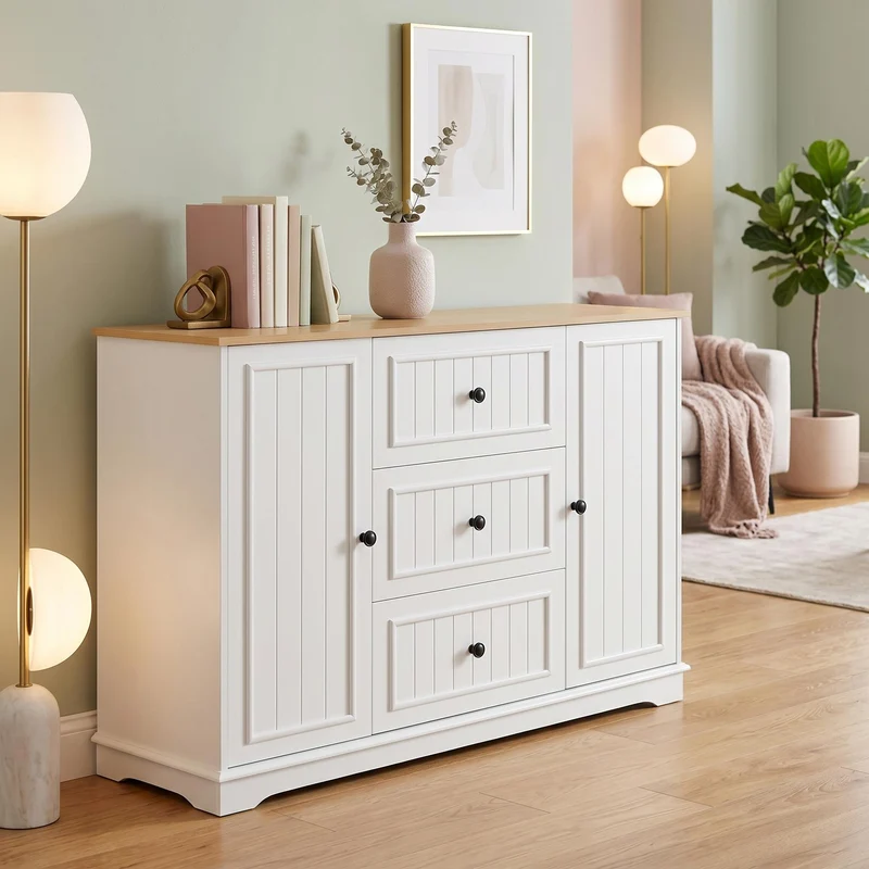 Buffet charme blanc 3 tiroirs et 2 portes 126x40x86 cm CASCADEMERIDIA