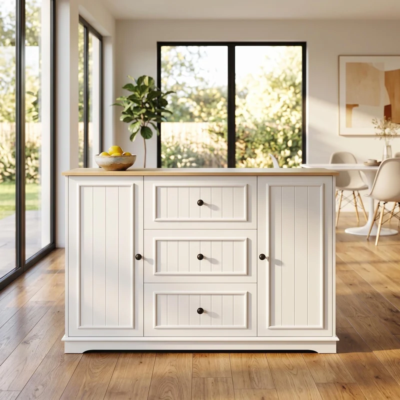 Buffet charme blanc 3 tiroirs et 2 portes 126x40x86 cm CASCADEMERIDIA