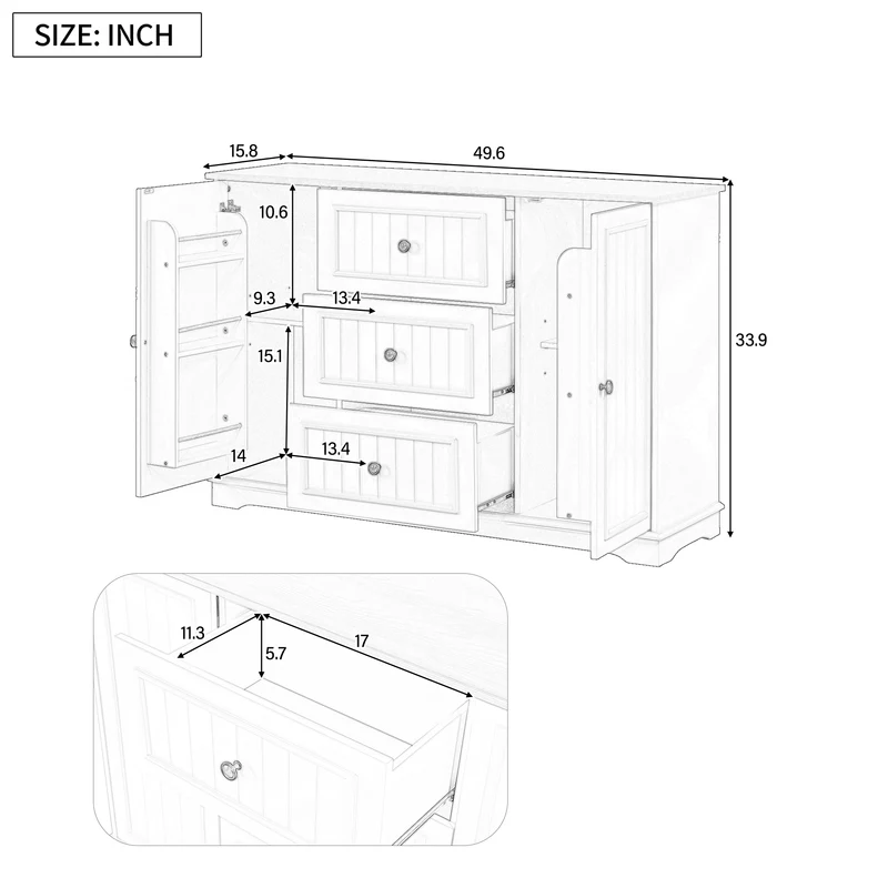 Buffet charme blanc 3 tiroirs et 2 portes 126x40x86 cm CASCADEMERIDIA