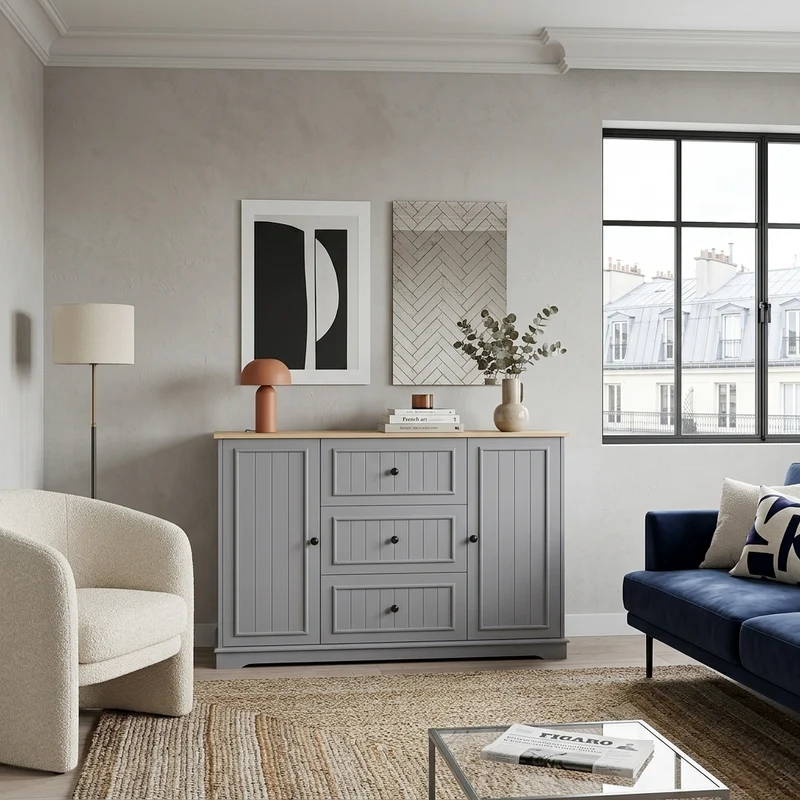 Buffet charme gris 3 tiroirs et 2 portes 126x40x86 cm CASCADEQUAZX