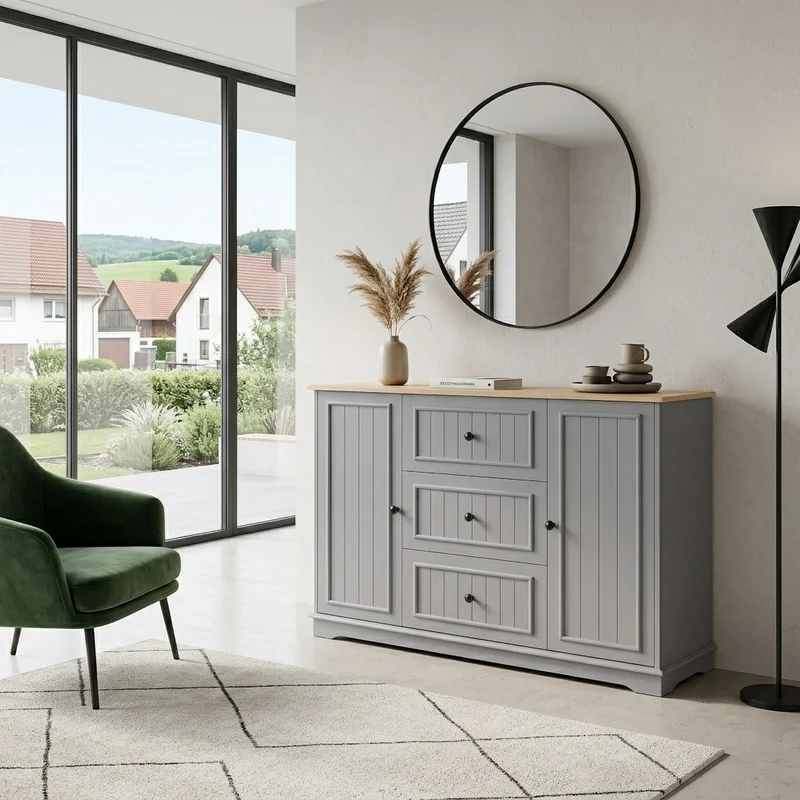 Buffet charme gris 3 tiroirs et 2 portes 126x40x86 cm CASCADEQUAZX