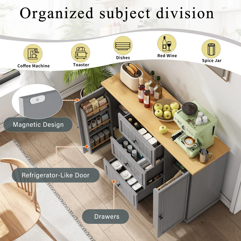 Buffet charme gris 3 tiroirs et 2 portes 126x40x86 cm CASCADEQUAZX