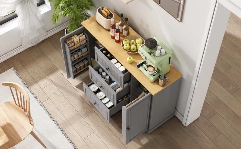 Buffet charme gris 3 tiroirs et 2 portes 126x40x86 cm CASCADEQUAZX