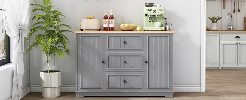 Buffet charme gris 3 tiroirs et 2 portes 126x40x86 cm CASCADEQUAZX