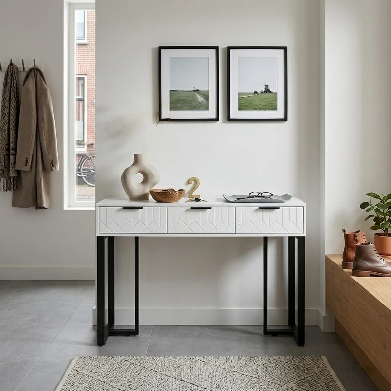 Console design noir et blanc motifs gémétriques et piétement metalique 120x36x80cm MOMENTUMRIF